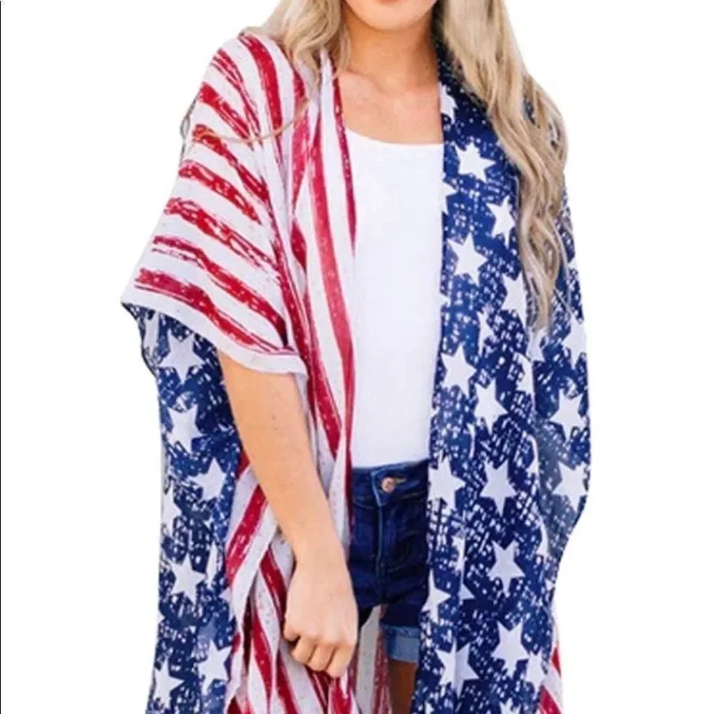 Kimono / shawl / cardigan red white & blue